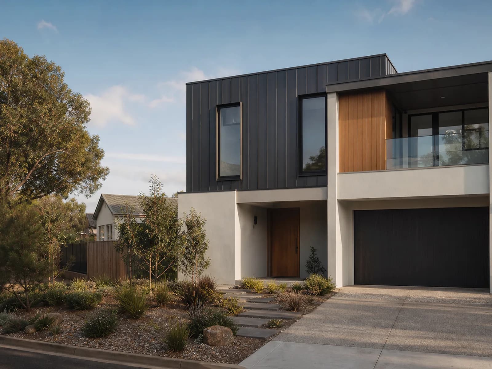 Contemporary Adelaide home with charcoal cladding and native landscaping