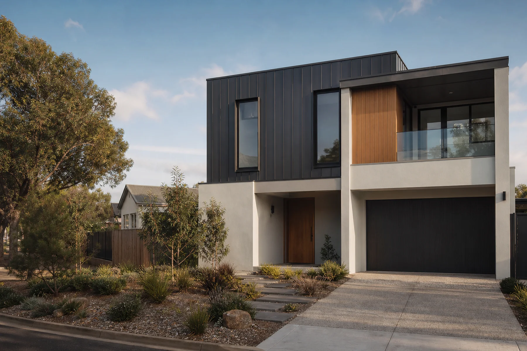 Contemporary Adelaide home with charcoal cladding and light rendered walls