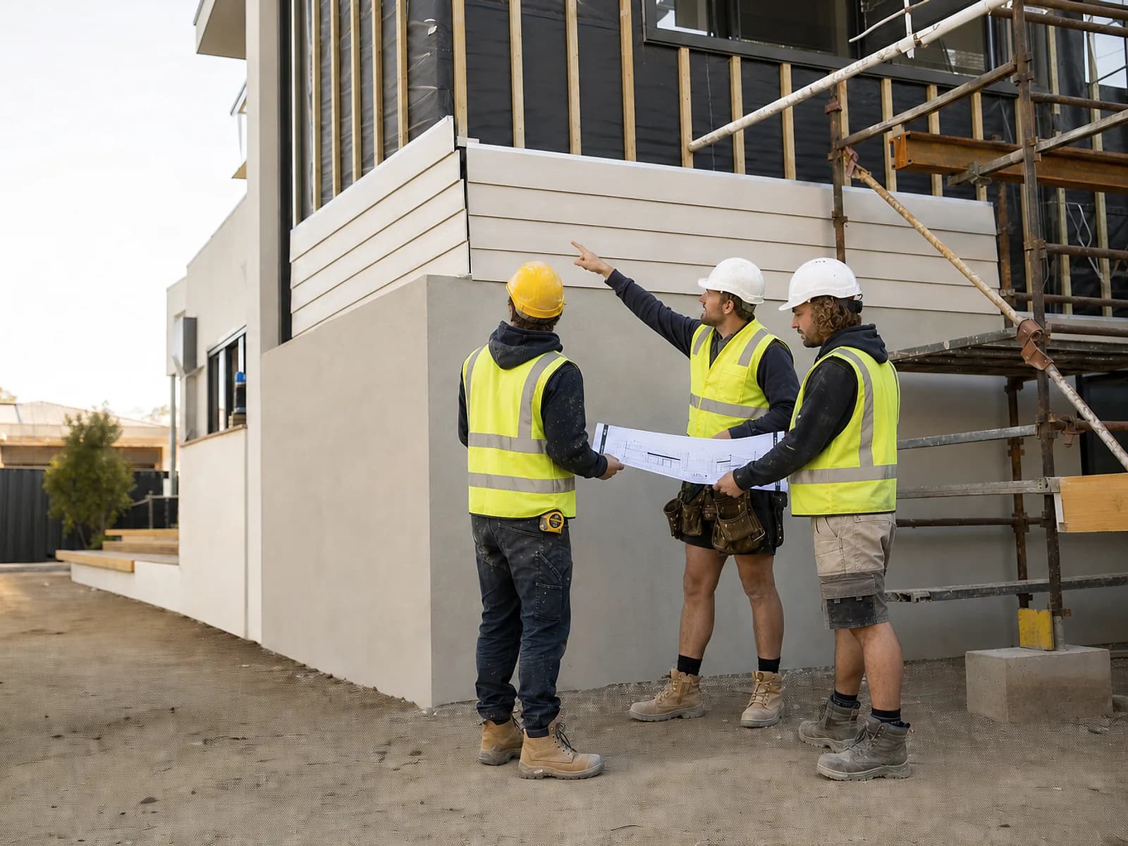 Construction team reviewing facade details on an Adelaide building site