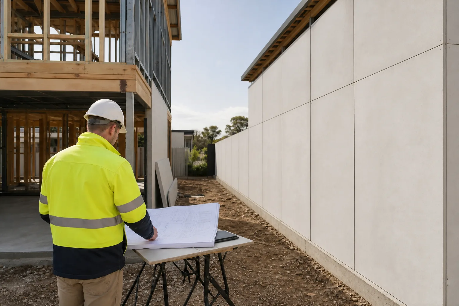 AI-generated illustration of a construction professional reviewing drawings beside a full-height pale panel wall between two framed buildings