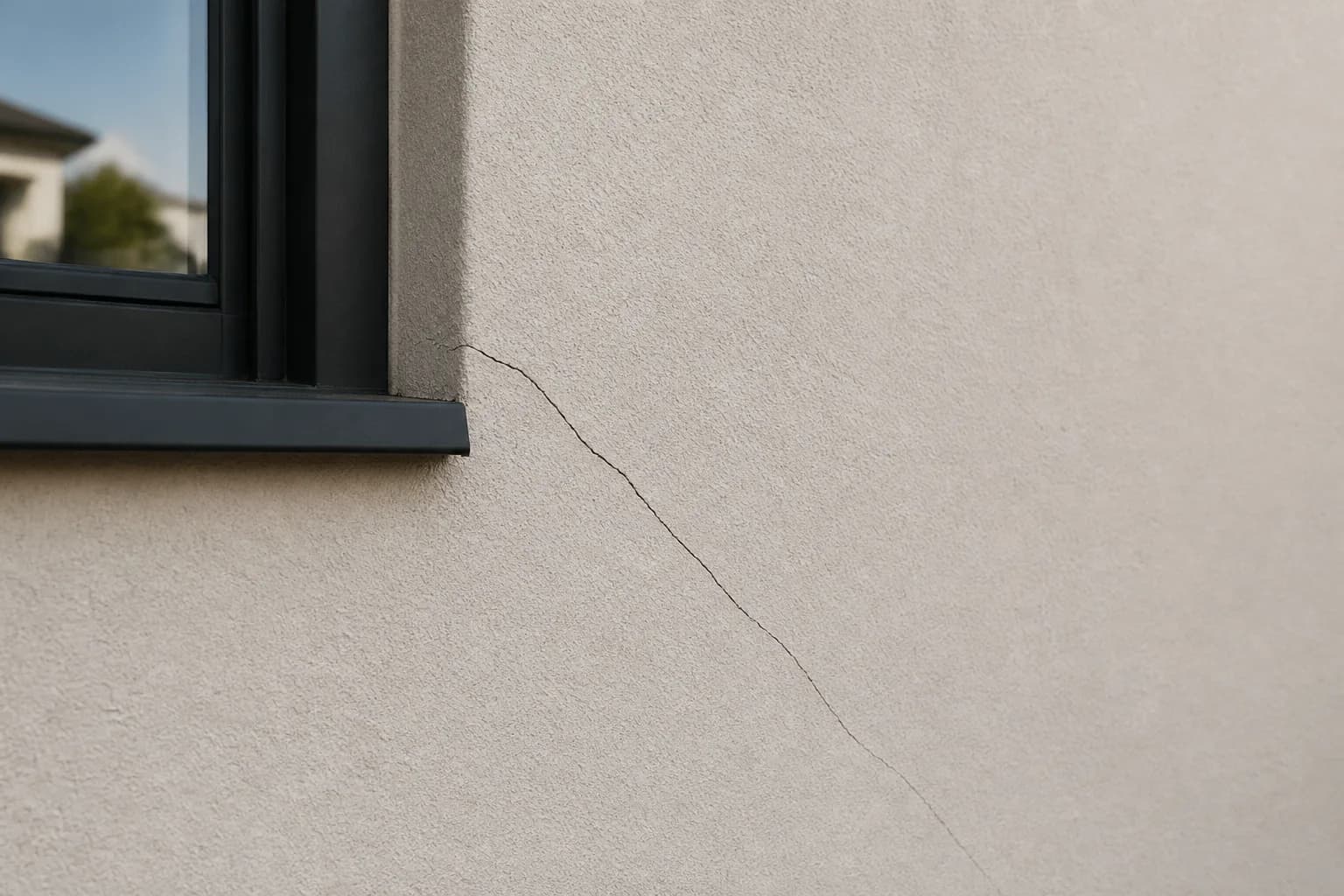 Illustrative close view of a crack extending from a window corner across a rendered exterior wall