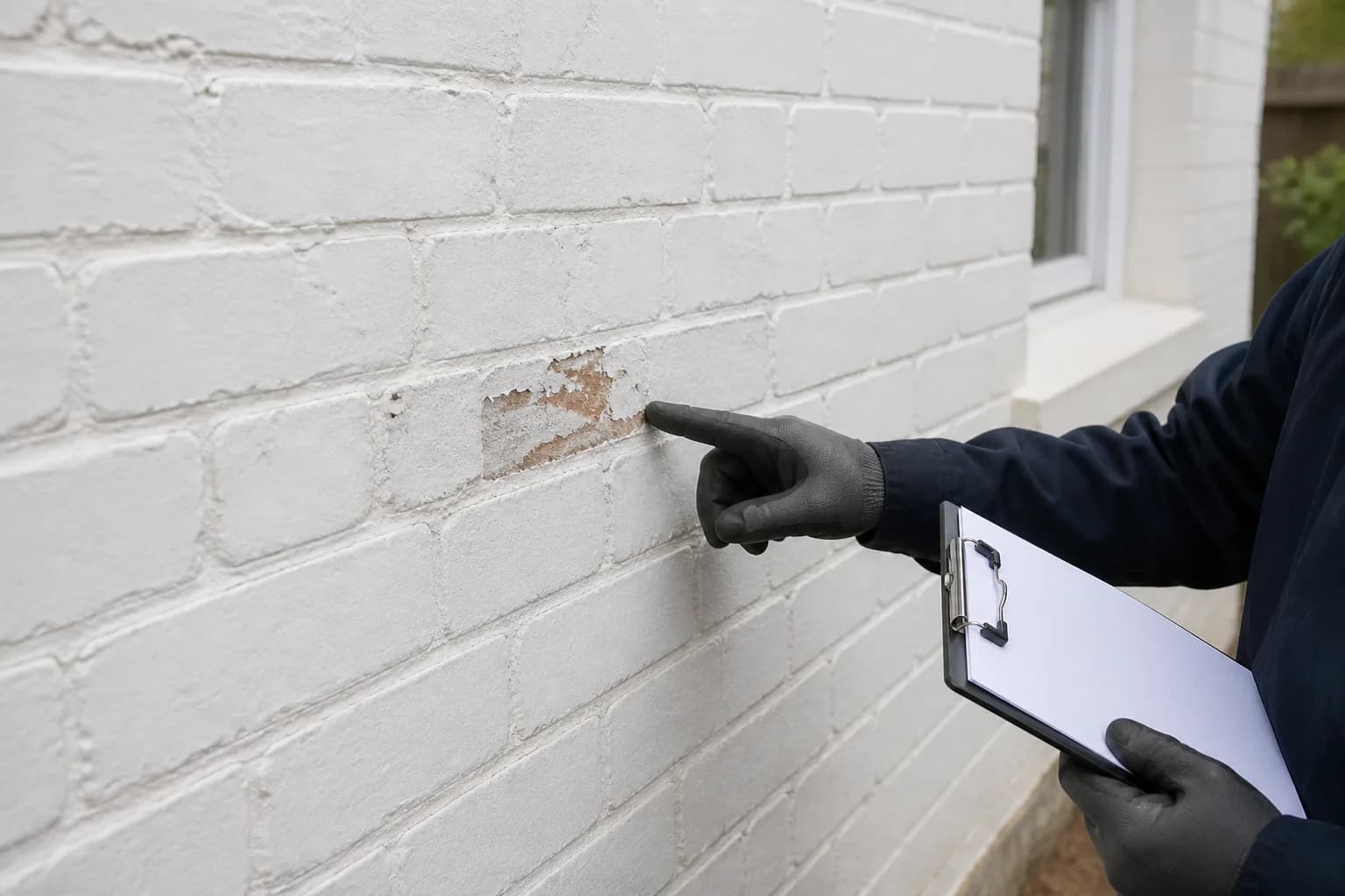Illustrative inspection of a worn area on a white-painted brick exterior