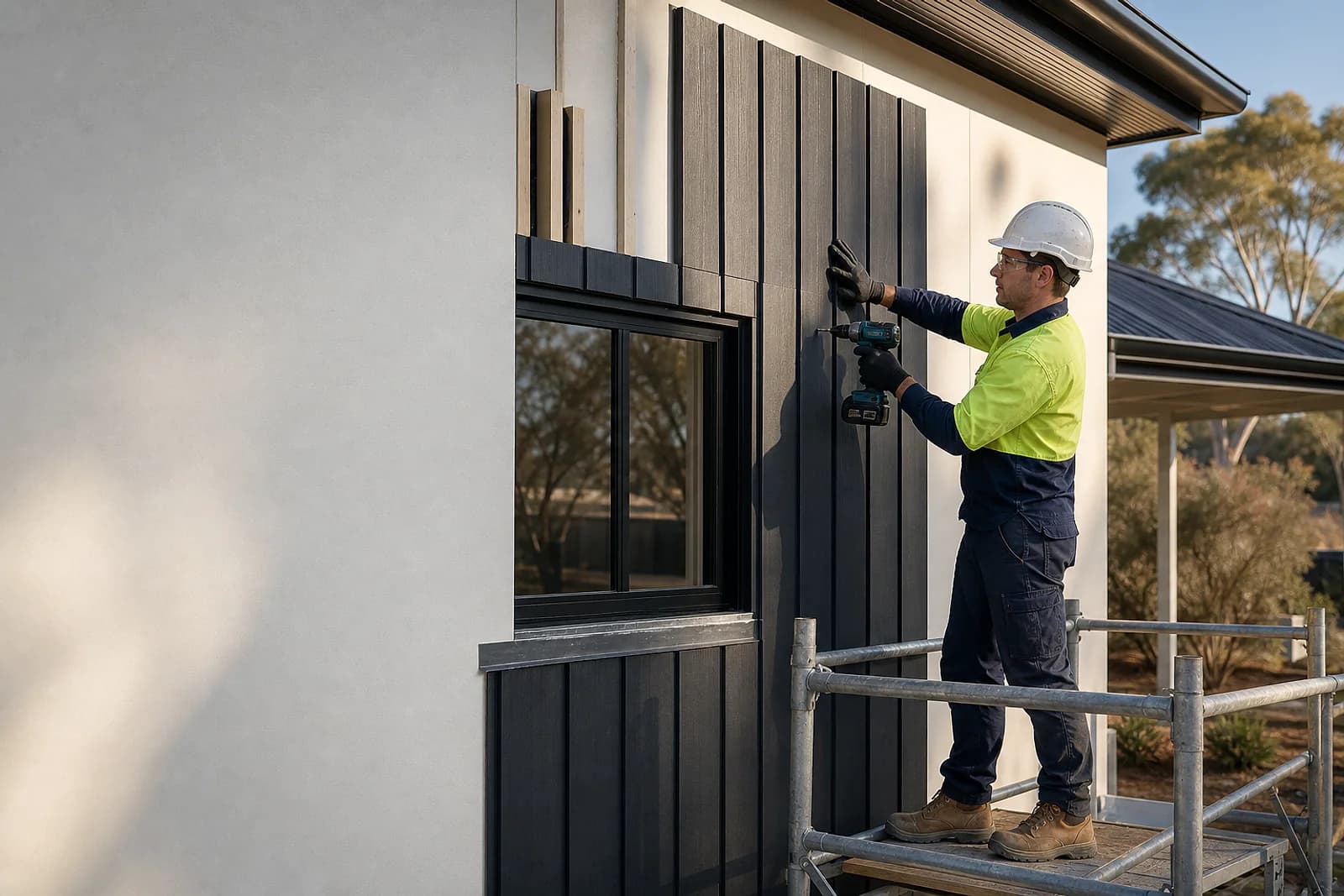 Installer aligning charcoal vertical cladding on an Adelaide home