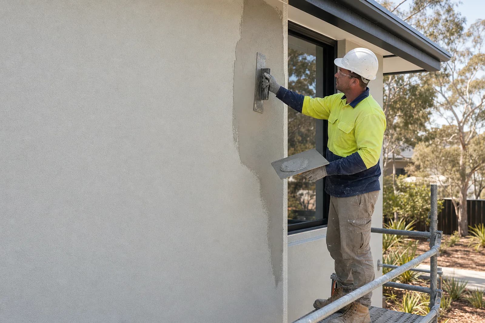 Tradesperson applying an even render finish to an exterior wall