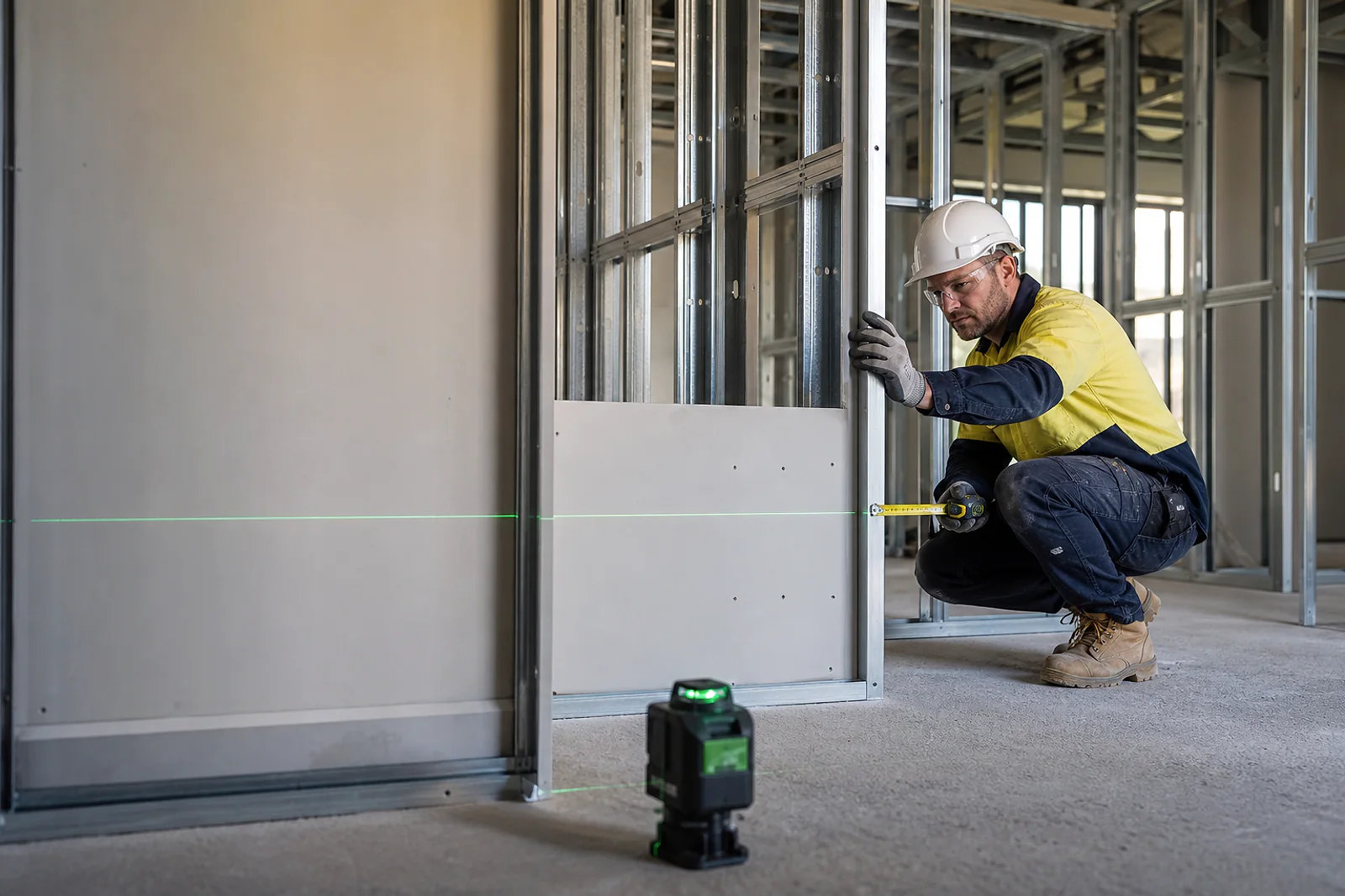 Installer checking internal steel wall framing with a laser level
